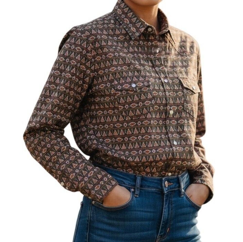 Panhandle Long Sleeve Shirt Womens Medium Teepee Arena Pearl Snaps Western Top